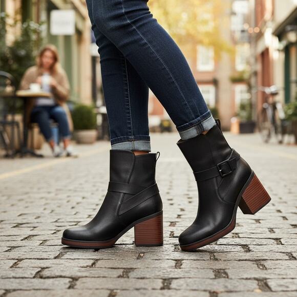 KORKS The Marci bootie 6.5 black stacked heel round toe platform buckle strap - Picture 1 of 14